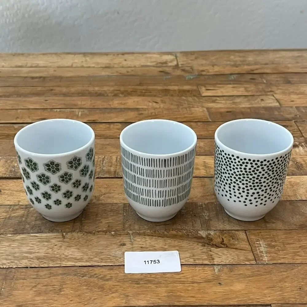 IKEA Entusiasm Set of 3 Tumblers 7 Oz Cups Unique Green & White Patterns
